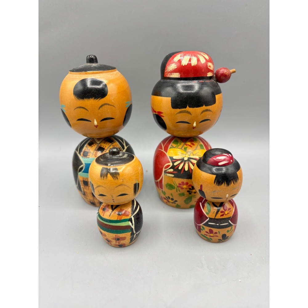Vintage Kokeshi Dolls 4 Pc Wood Japan Hand Painted Folk Art Collectible Family
